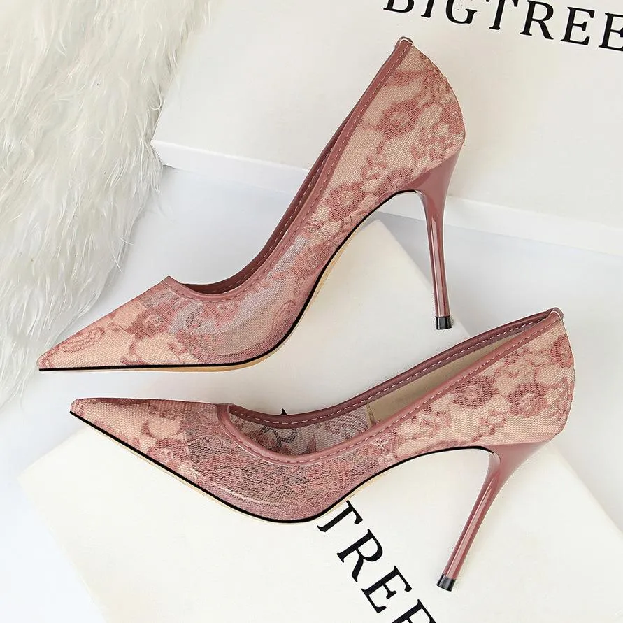 Women pointed closed toe flower lace stiletto high heels