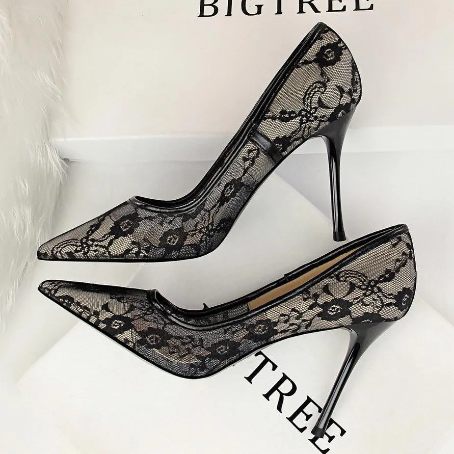 Women pointed closed toe flower lace stiletto high heels