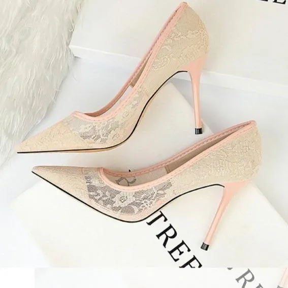 Women pointed closed toe flower lace stiletto high heels