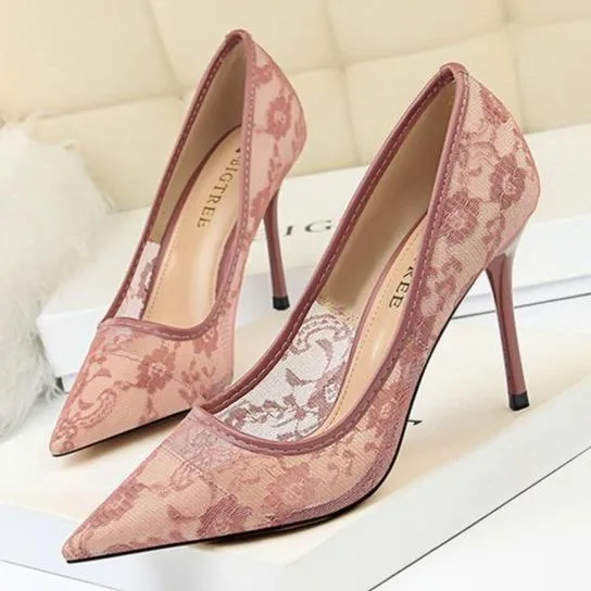 Women pointed closed toe flower lace stiletto high heels