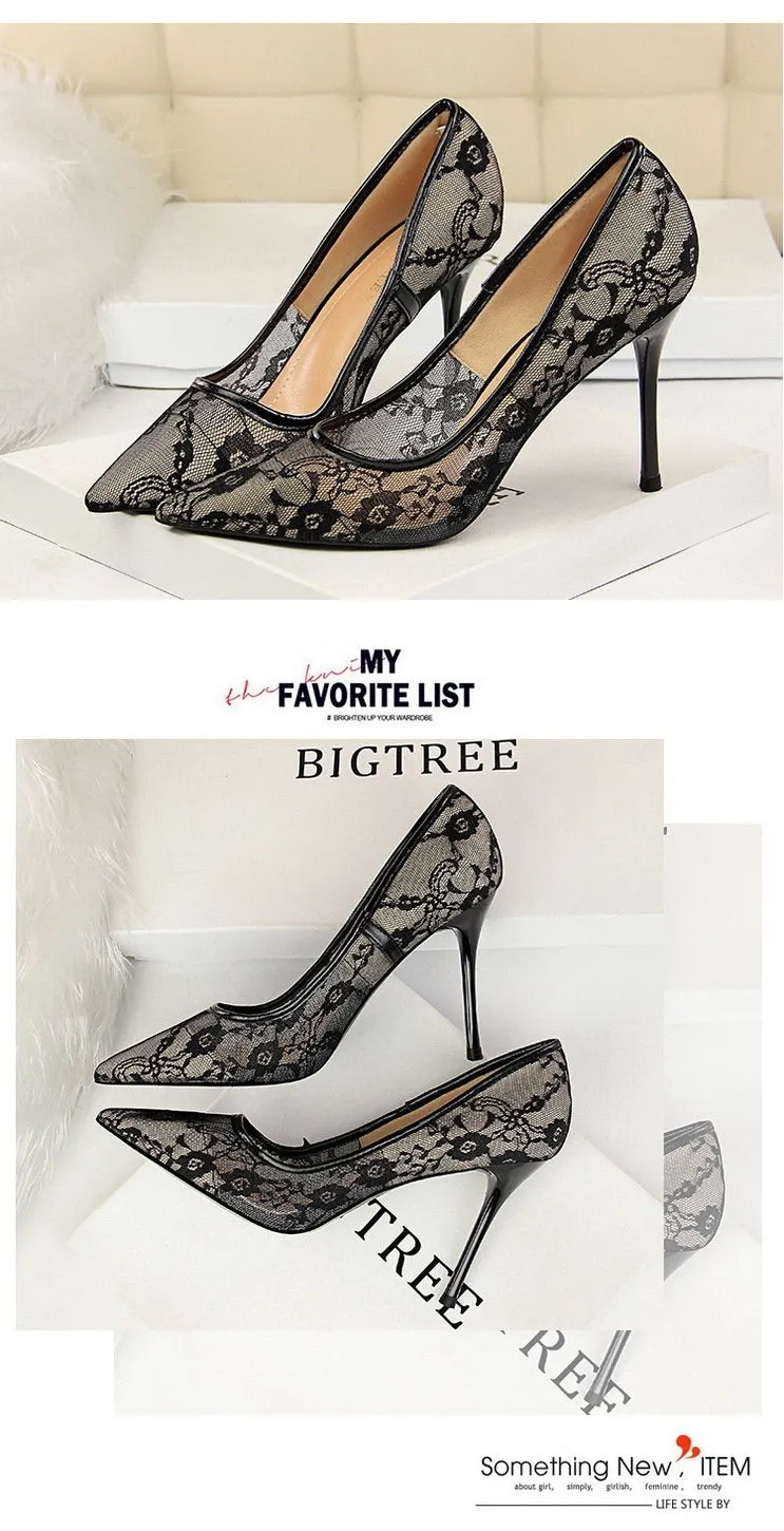 Women pointed closed toe flower lace stiletto high heels