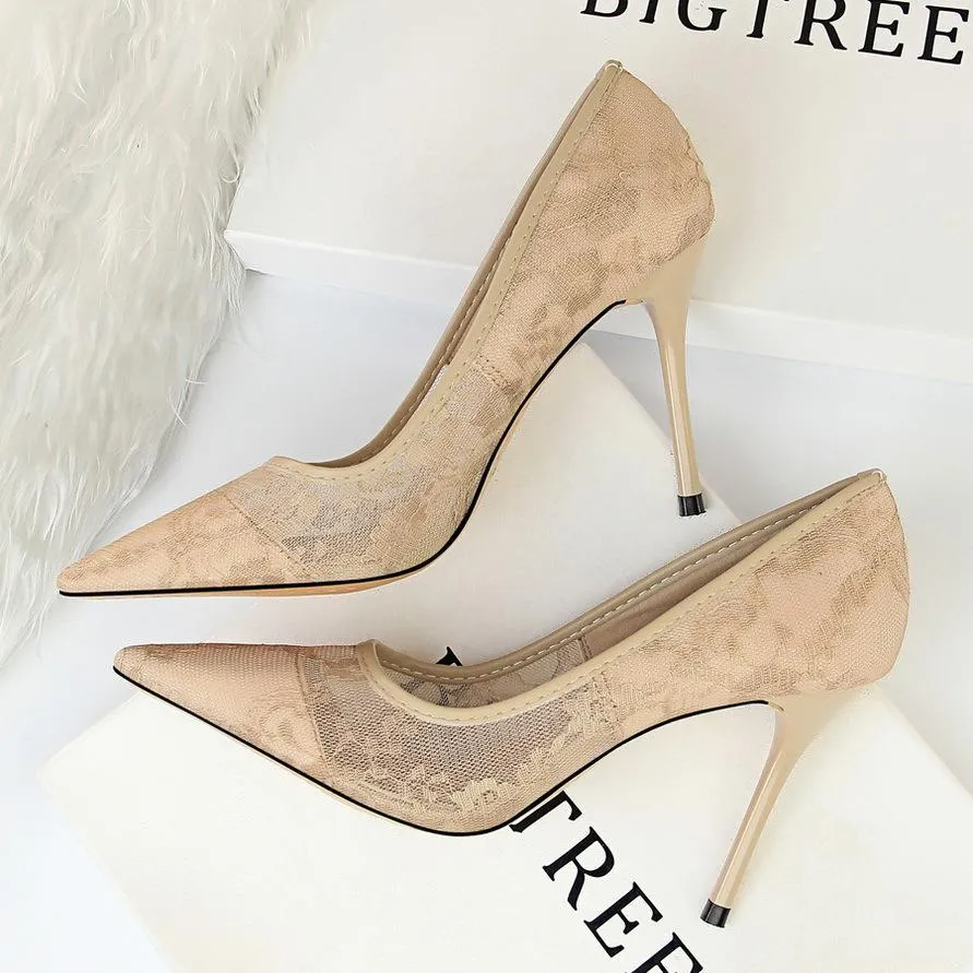 Women pointed closed toe flower lace stiletto high heels