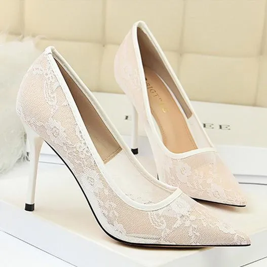 Women pointed closed toe flower lace stiletto high heels