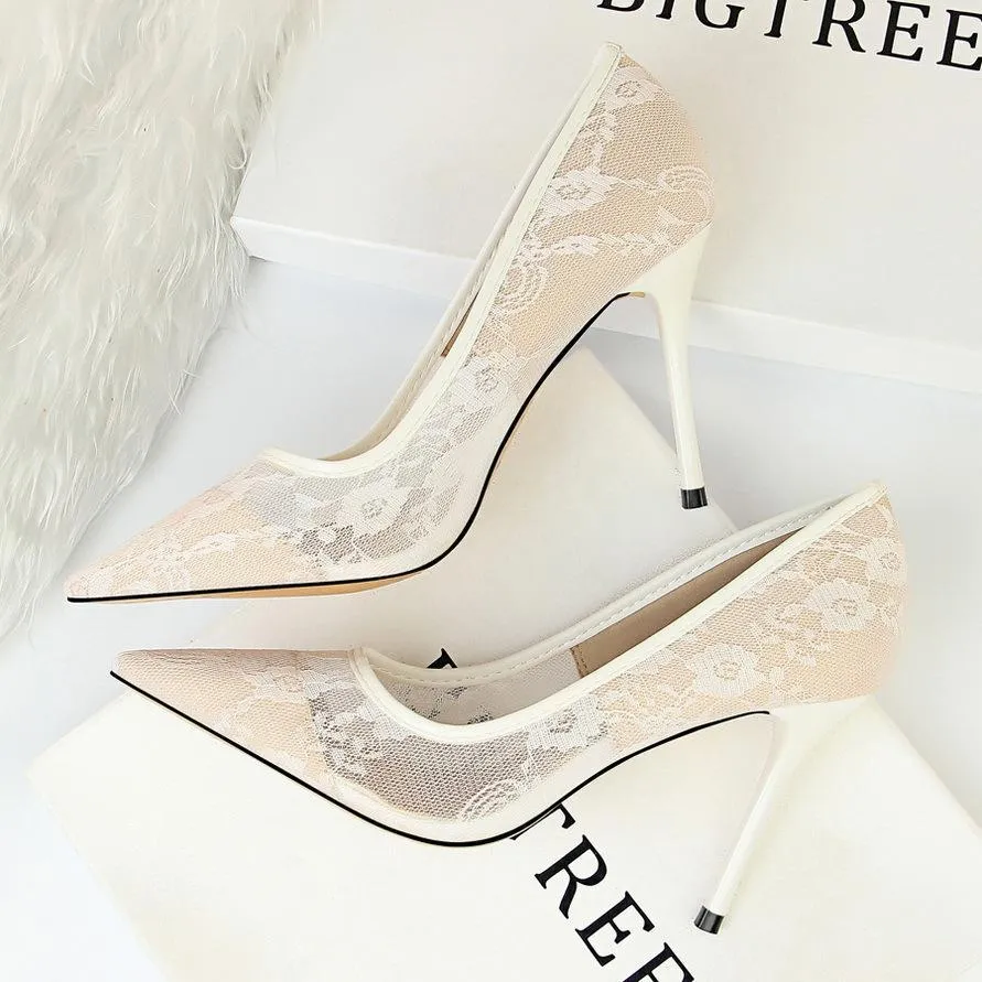 Women pointed closed toe flower lace stiletto high heels