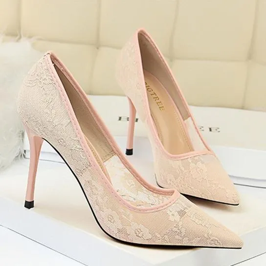 Women pointed closed toe flower lace stiletto high heels