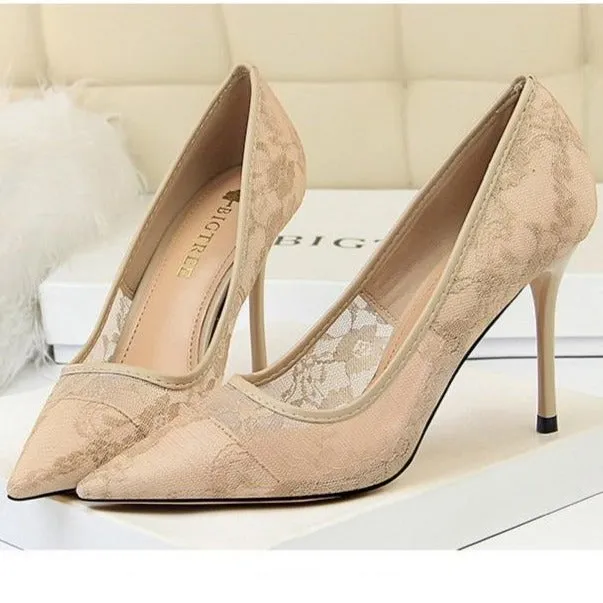 Women pointed closed toe flower lace stiletto high heels