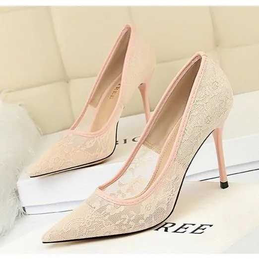 Women pointed closed toe flower lace stiletto high heels