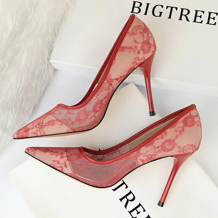 Women pointed closed toe flower lace stiletto high heels