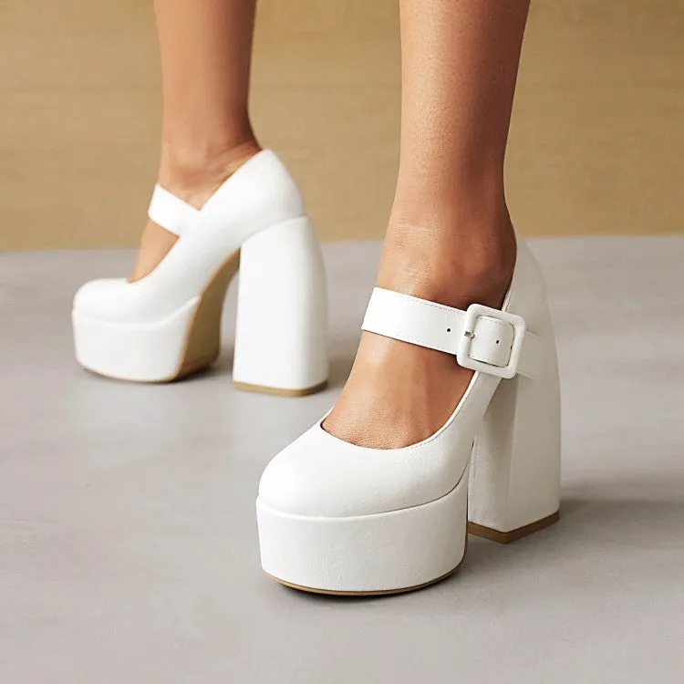 Women's Buckle Mary Jane Chunky Heel Platform Pumps