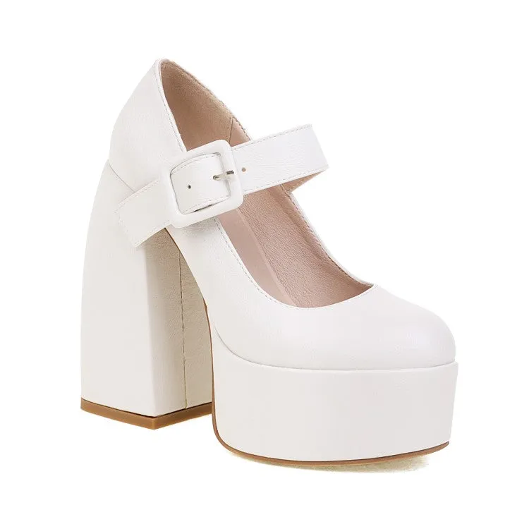 Women's Buckle Mary Jane Chunky Heel Platform Pumps