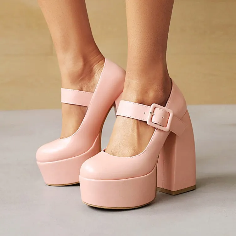 Women's Buckle Mary Jane Chunky Heel Platform Pumps