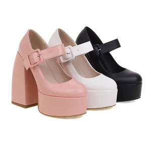 Women's Buckle Mary Jane Chunky Heel Platform Pumps