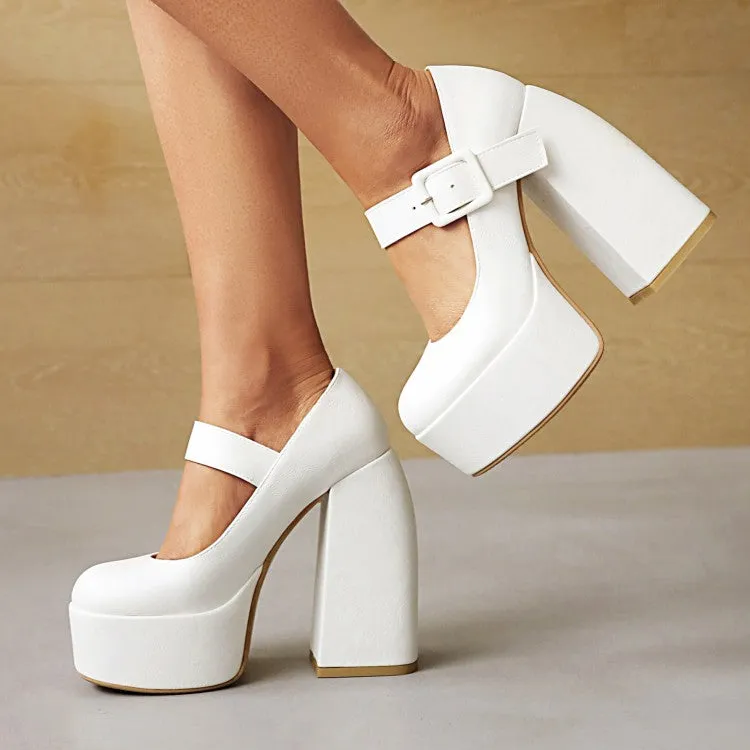 Women's Buckle Mary Jane Chunky Heel Platform Pumps