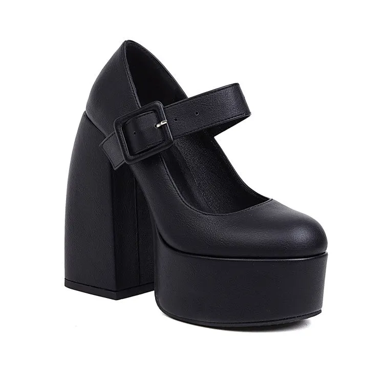 Women's Buckle Mary Jane Chunky Heel Platform Pumps