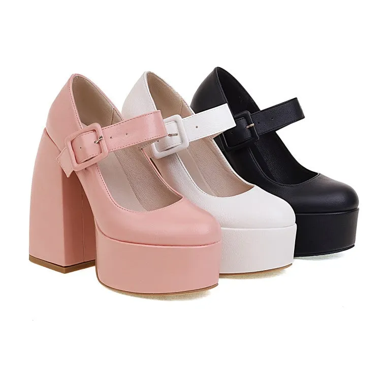 Women's Buckle Mary Jane Chunky Heel Platform Pumps