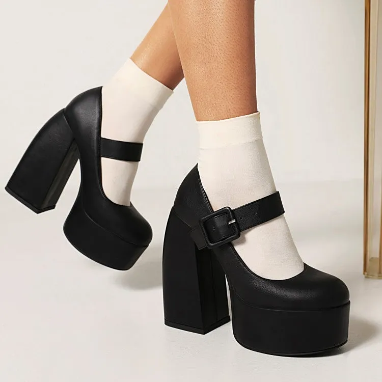 Women's Buckle Mary Jane Chunky Heel Platform Pumps