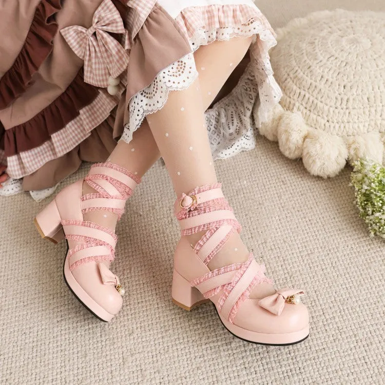 Women's Pumps Lolita Solid Color Round Toe Butterfly Knot Cross Lace Block Heel Shoes