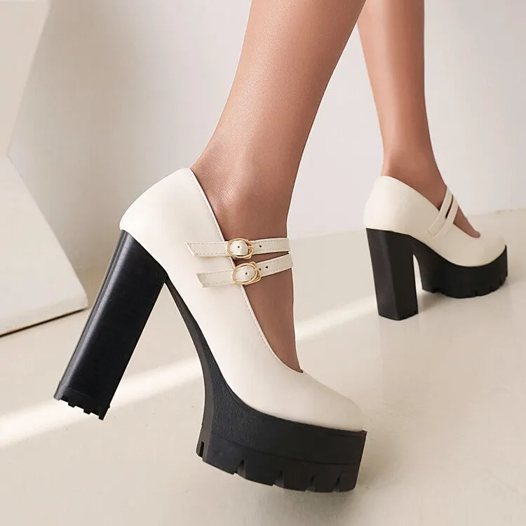 Women's Pumps Pu Leather Round Toe Double Buckles Belts Chunky Heel Platform Chunky Heels Shoes