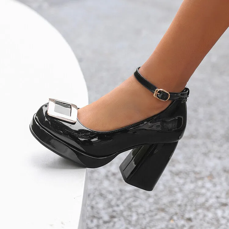 Women's Square Toe Ankle Strap High Heel Platform Pumps