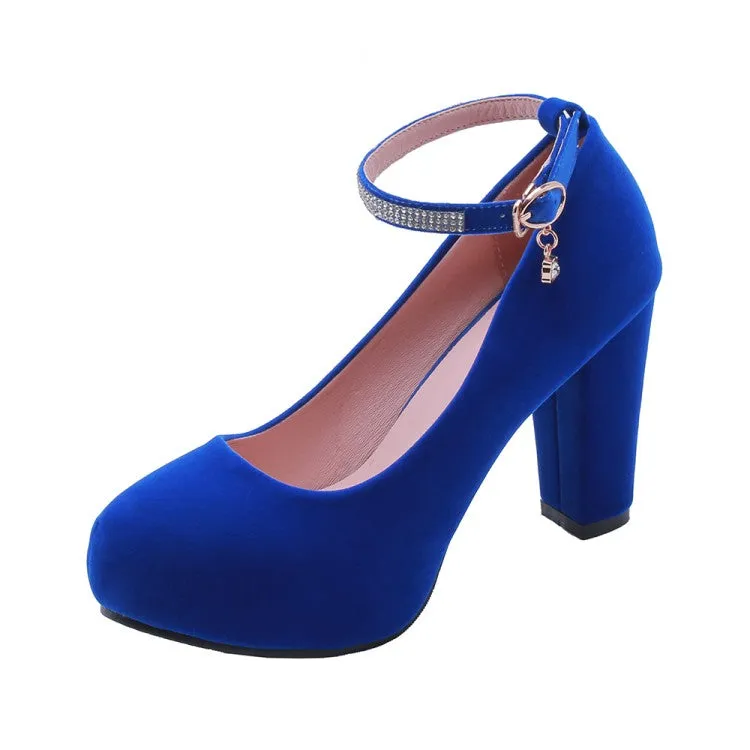 Women's Suede Round Toe Rhinestone Chunky Hees High Heel Platform Pumps