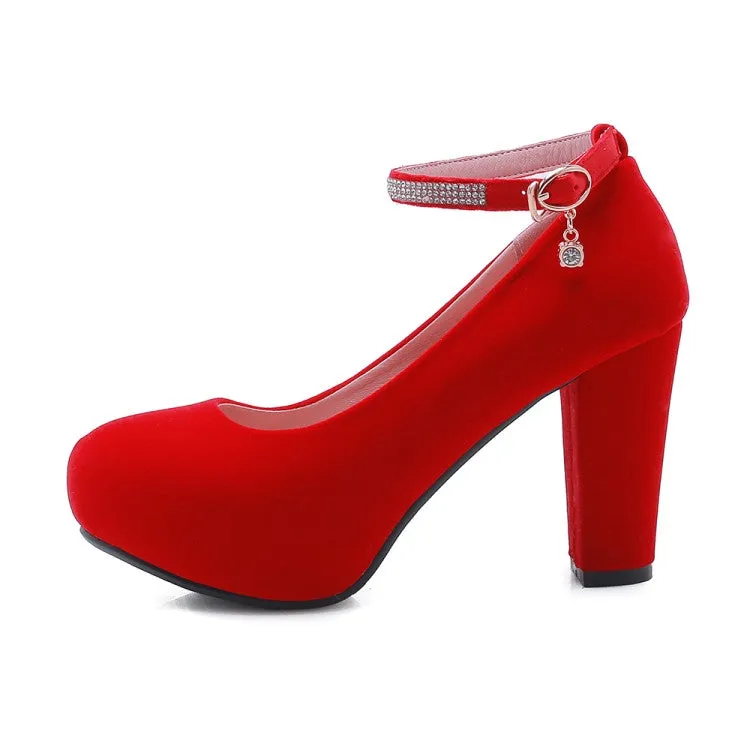 Women's Suede Round Toe Rhinestone Chunky Hees High Heel Platform Pumps