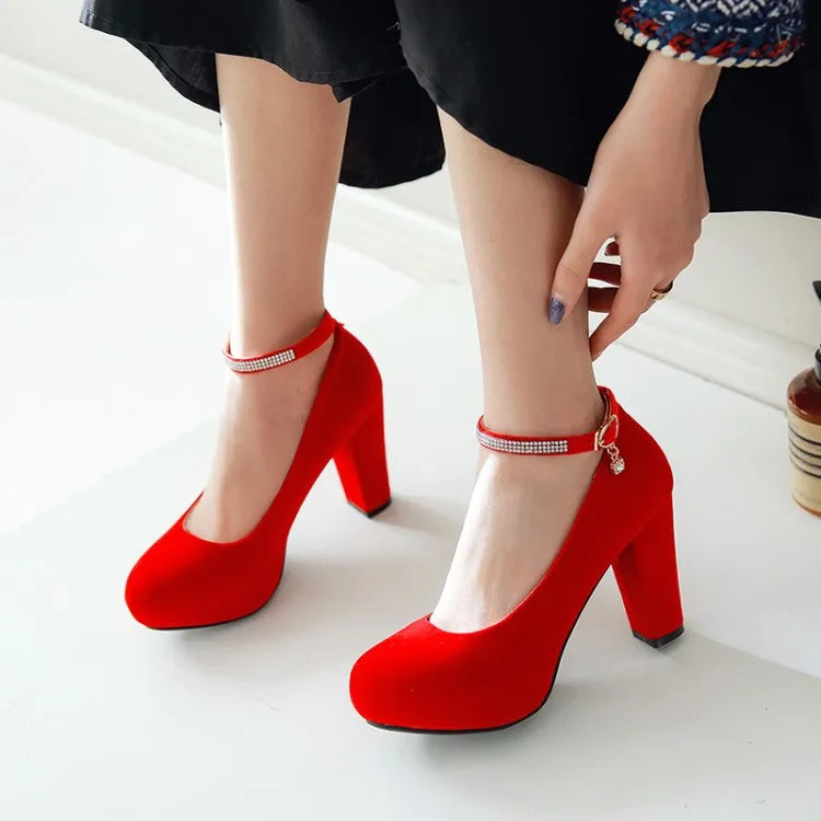 Women's Suede Round Toe Rhinestone Chunky Hees High Heel Platform Pumps