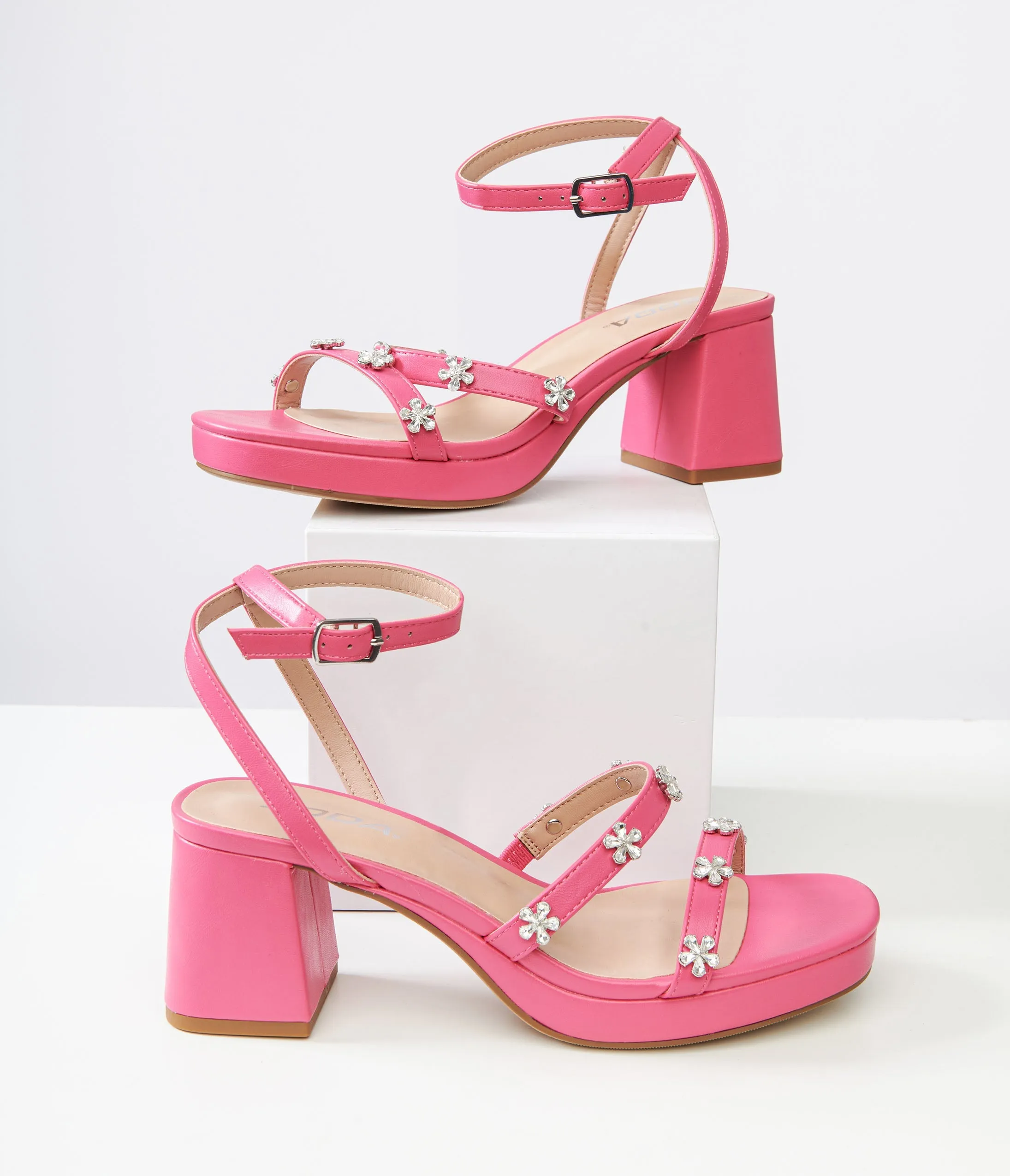 Y2K Pink Leatherette & Rhinestone Floral Platform Heels