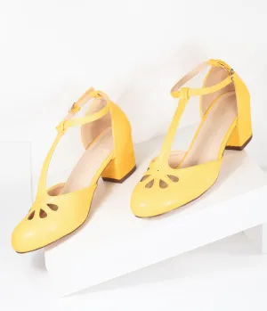 Yellow Leatherette Minny T-Strap Heels