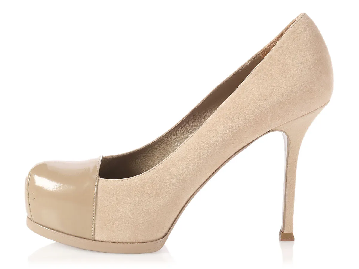 YSL Beige Suede Tribute Two Platform Pumps